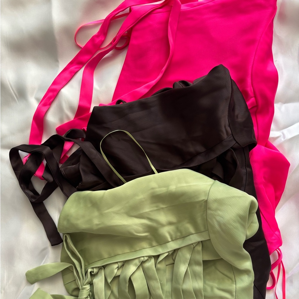 Urban Outfitters Pink, Brown, and Green Satin Corset Tops (3)